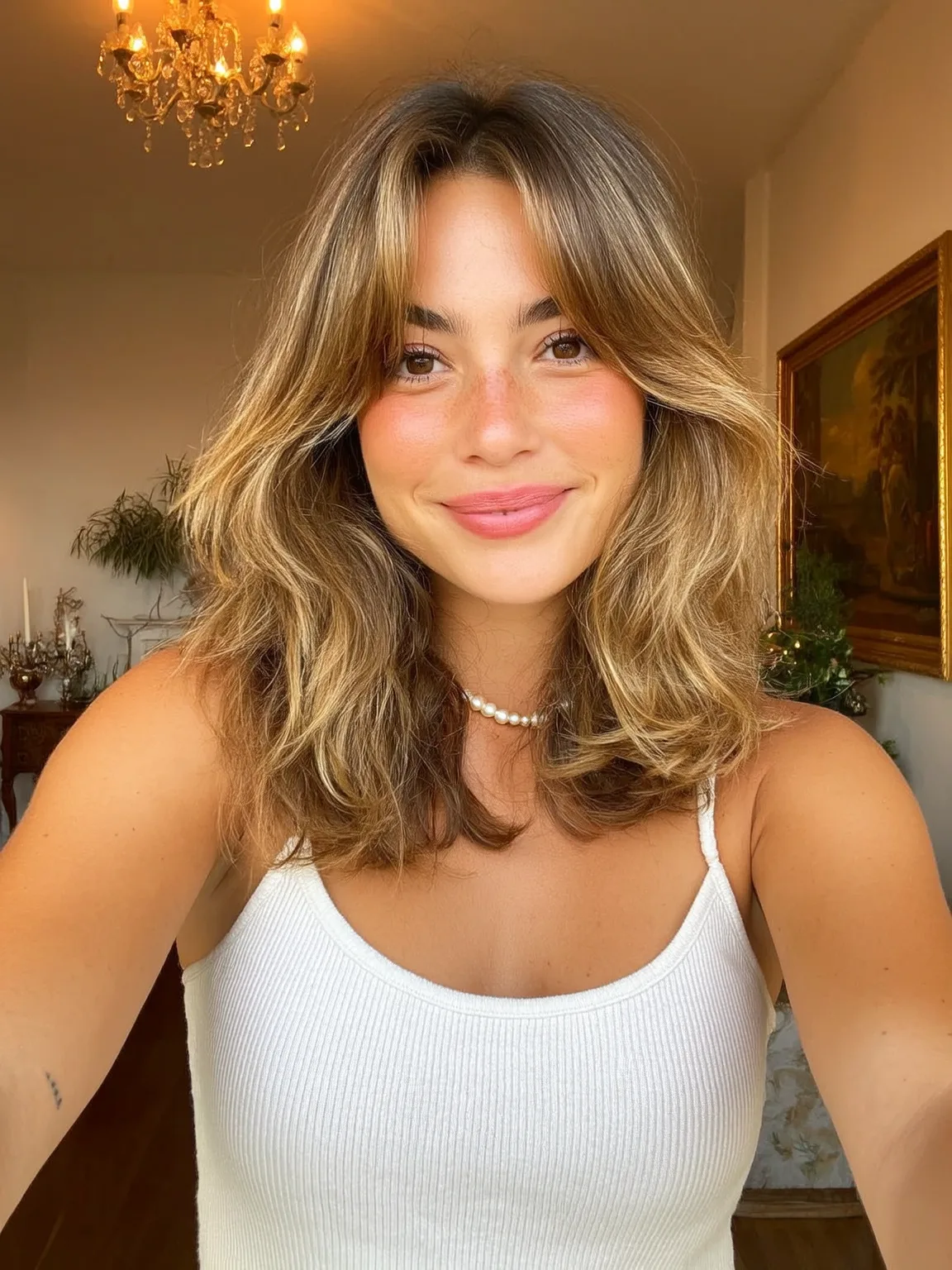 Voluminous Long Layers with Sun-Kissed Honey Blonde and Curtain Bangs